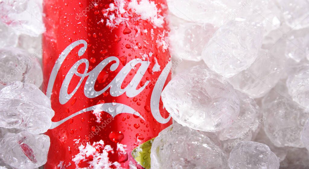 POZNAN, POL - JUN 10, 2020: Can of Coca-Cola, a carbonated soft drink manufactured by The Coca-Cola Company headquartered in Atlanta, Georgia, USA