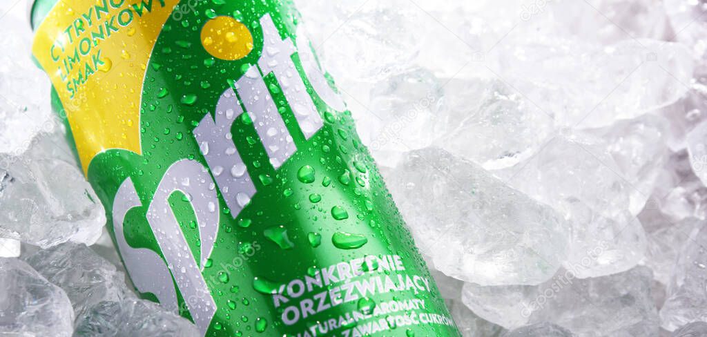 POZNAN, POL - JUN 10, 2020: Can of Sprite, a brand of soft drink, created by the Coca-Cola Company, developed in West Germany in 1959 as a response to the popularity of 7 Up