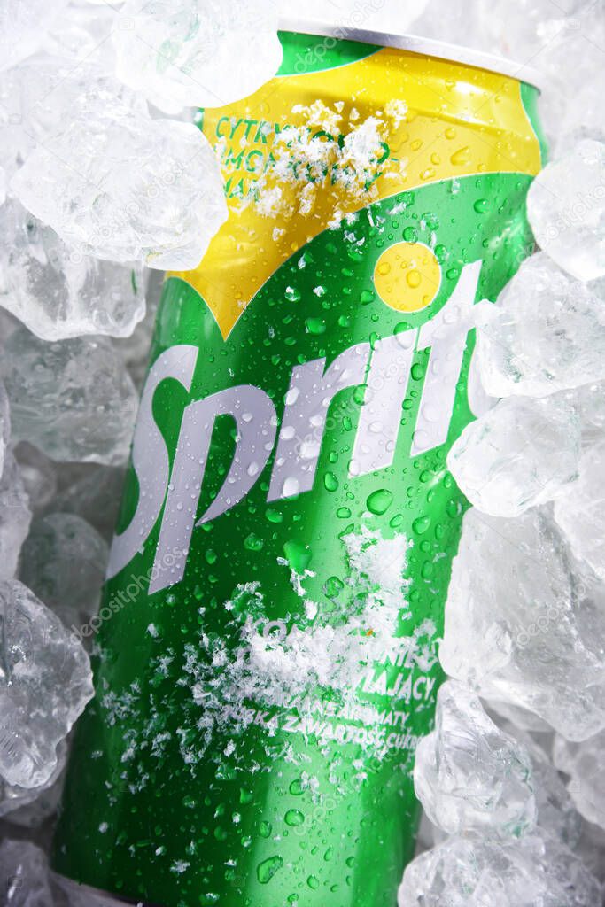 POZNAN, POL - JUN 10, 2020: Can of Sprite, a brand of soft drink, created by the Coca-Cola Company, developed in West Germany in 1959 as a response to the popularity of 7 Up