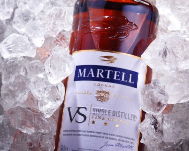 POZNAN, POL - 18 Haziran 2020: Bir şişe Martell Cognac, 1715 yılında Fransız şarap ve alkol konsolosu Pernod-Ricard 'ın sahibi olduğu bir marka..