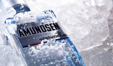 POZNAN, POL - 18 Haziran 2020: Norveç 'in en büyük şarap ve içki toptancısı Arcus ASA tarafından üretilen bir şişe Amundsen Votka. 