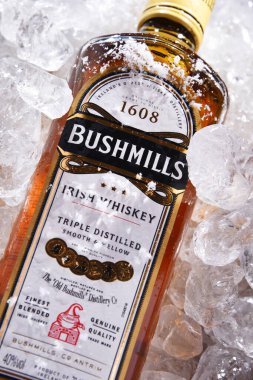 POZNAN, POL - 18 Haziran 2020: Şişe Bushmills Orijinal İrlanda viskisi, 1608 'de kurulan Old Bushmills Distillery' nin ürünü, bugün Casa Cuervo 'ya ait.
