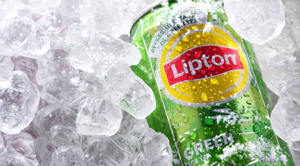 POZNAN, POL - JUN 18, 2020: Can of Lipton Ice Tea, a soft drink brand sold by Lipton and belonging to Unilever, a British-Dutch multinational consumer goods company.