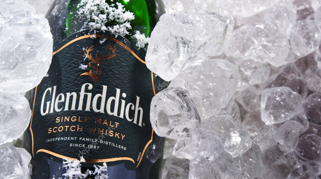 POZNAN, POL - JUN 18, 2020: Bottle of Glenfiddich, the world's best-selling single-malt whisky, owned and produced by William Grant and Sons in Dufftown, Scotland