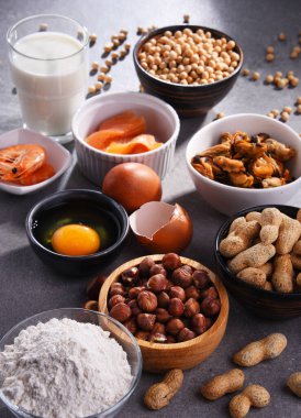 Yumurta, süt, soya, fıstık, fındık, balık, deniz ürünleri ve buğday unu gibi ortak gıda alerjisi olan bileşim
