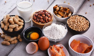 Yumurta, süt, soya, fıstık, fındık, balık, deniz ürünleri ve buğday unu gibi ortak gıda alerjisi olan bileşim
