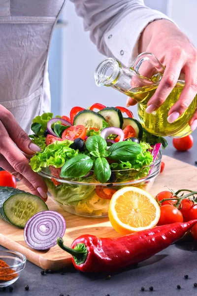 Preparation Vegetable Salad Fresh Organic Ingredients — Stock Photo, Image