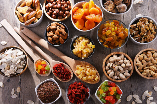 Composition with dried fruits and assorted nuts. Delicacies.