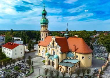 TYCHY, POLAND - AUG 28, 2025: Mary Magdalene Church in Tychy old town, Upper Silesia, Poland.