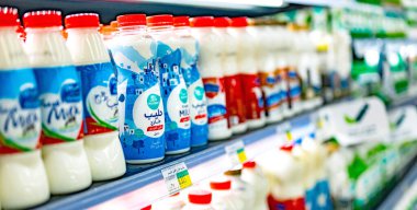 MUSCAT, OMAN - MAR 14, 2024: Dairy products put out for sale in a commercial refrigerator in a supermarket