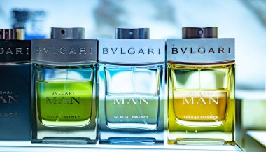 DUBAI, UAE - MAR 21, 2024: Bulgari perfumes exposition at the cosmetics store