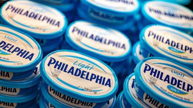 MUSCAT, OMAN - MAR 14, 2024: Philadelphia Cream Cheese put out for sale in a commercial refrigerator in a supermarket