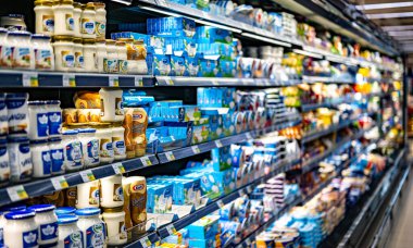 MUSCAT, OMAN - MAR 14, 2024: Dairy products put out for sale in a commercial refrigerator in a supermarket