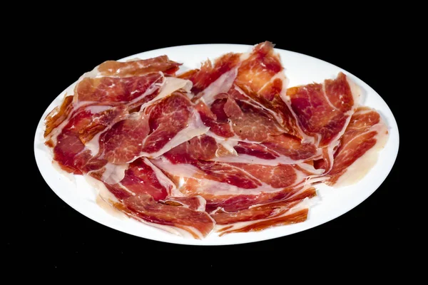 Serranoham Ham Typische Heerlijke Spaanse Gerechten Geïsoleerd Background Het Zwart — Stockfoto