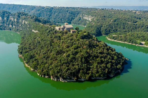 Légi Kilátás Egy Bencés Kolostor Sant Pere Casserres Ter Folyón — Stock Fotó