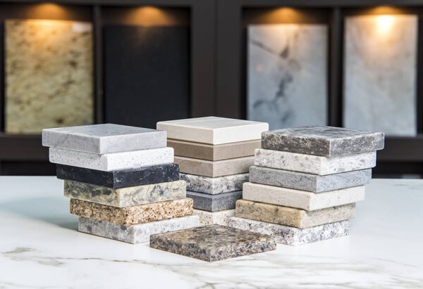 Kitchen countertops color samples of granite, marble and quartz stone