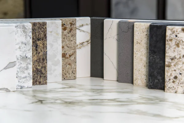 Countertops Κουζινών Χρώμα Δείγματα Από Γρανίτη Μαρμάρου Και Χαλαζία Πέτρα — Φωτογραφία Αρχείου