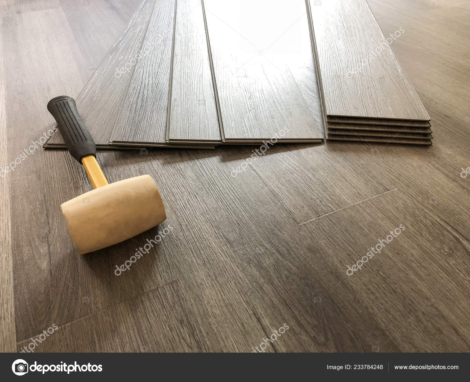Luxury Vinyl Plank Laminate Flooring Concept Worker Preparing New