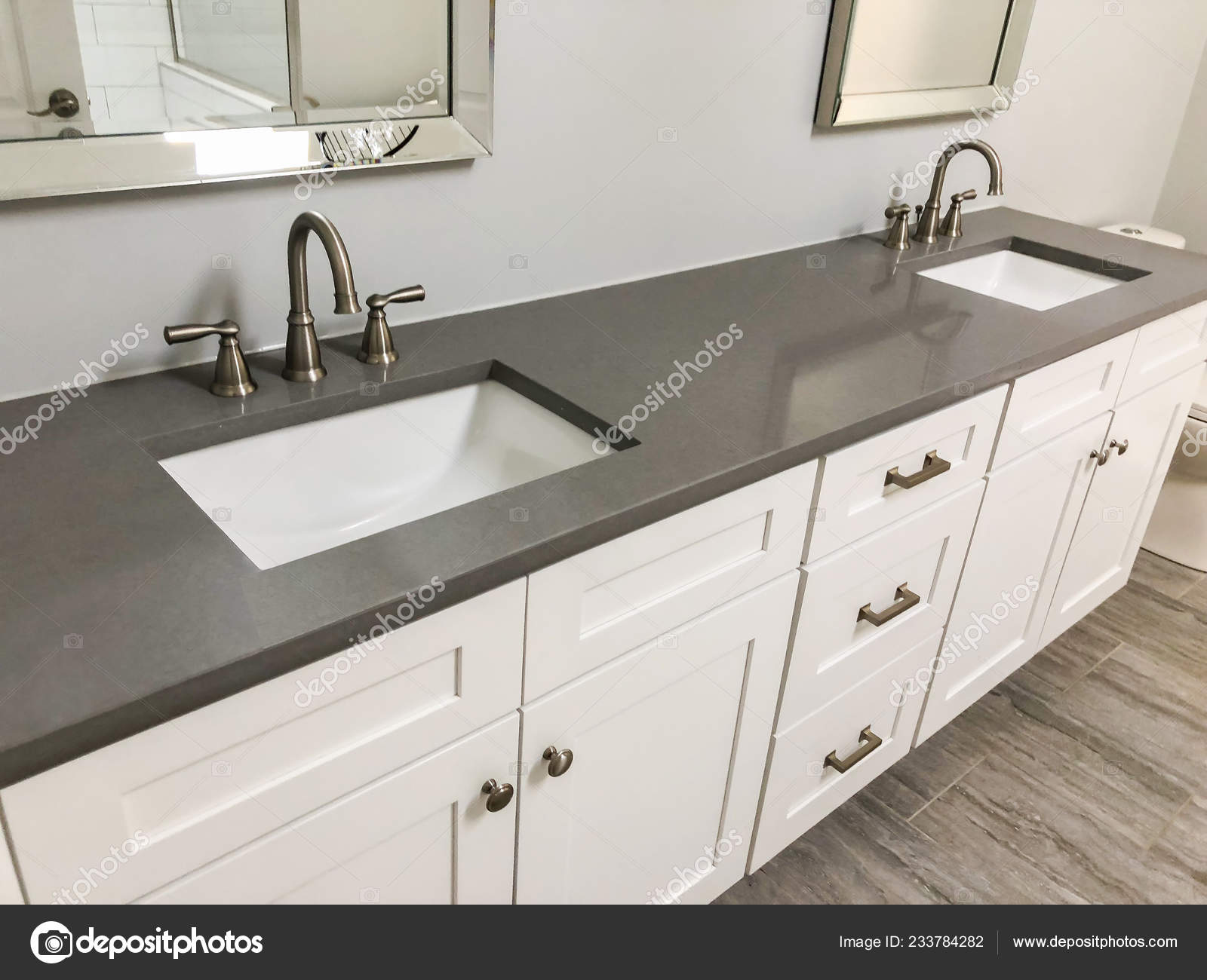 Bathroom Vanity White Cabinets Quartz Countertop White Rectangular Sinks Chrome Stock Photo