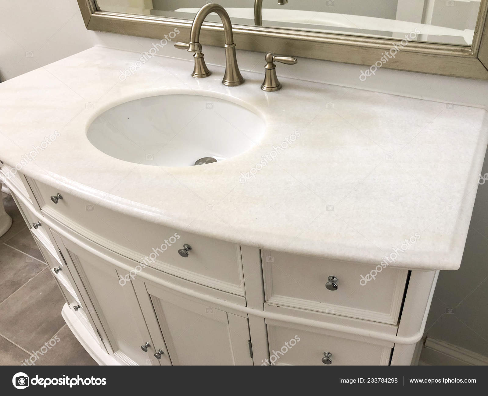Bathroom Wooden White Cabinet Marble Counter Oval Sink Faucet