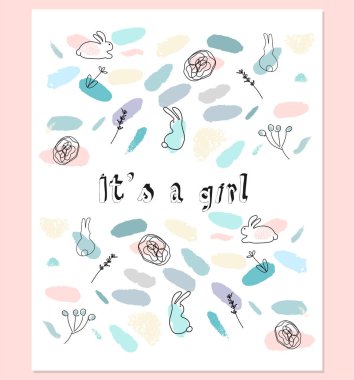 Fırça konfeti, çiçek ve bunny el çekilmiş soyut pastel bebek duş kartıyla çocukça tarzda doodles. Hassas baskı için davetiye, tebrik kartları, parti, kartpostallar, giyim tasarımı, çocuk odası