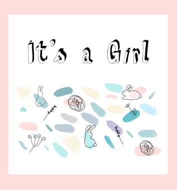 Fırça konfeti, çiçek ve bunny el çekilmiş soyut pastel bebek duş kartıyla çocukça tarzda doodles. Hassas baskı için davetiye, tebrik kartları, parti, kartpostallar, giyim tasarımı, çocuk odası