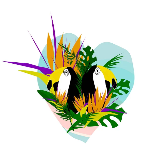 Roztomilý Vektor Koláž Pták Tukan Květiny Strelizia Palm Listy Seascaped — Stockový vektor