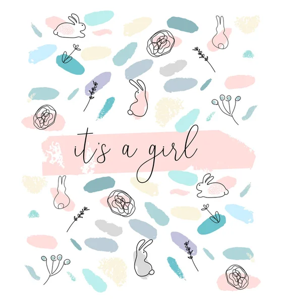 Fırça konfeti, çiçek ve bunny el çekilmiş soyut pastel bebek duş kartıyla çocukça tarzda doodles. Hassas baskı için davetiye, tebrik kartları, parti, kartpostallar, giyim tasarımı, çocuk odası