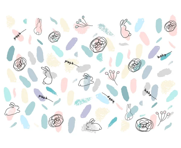 Fırça konfeti, çiçek ve bunny el çekilmiş soyut pastel bebek duş kartıyla çocukça tarzda doodles. Hassas baskı için davetiye, tebrik kartları, parti, kartpostallar, giyim tasarımı, çocuk odası