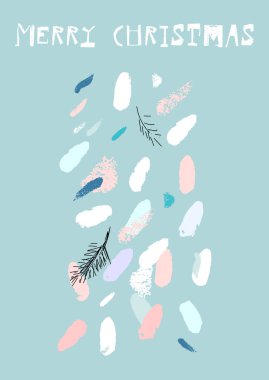 Sanatsal el çekilmiş sıradışı Noel tasarım soyut boyalı fırça darbeleri el ve çiçek kozalaklı şube skeçler doodle. Pastel renkli arka plan. Merry Christmas ve yeni yıl kavramı