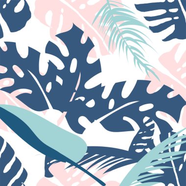 Tropikal çiçek palmiye desen. Soyut Pastel Monstera yazdırma bırakır. Kumaş, duvar kağıdı, ambalaj kağıdı, yüzey tasarımı, düğün davetiyesi için büyük arka plan. Vektör