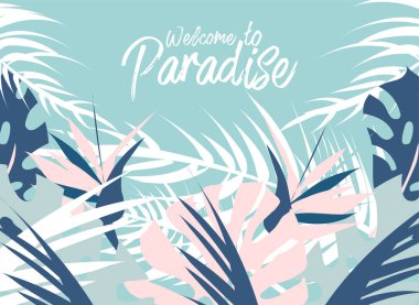 Tropikal orman yaz Illustration farklı palmiye yaprakları ve kır çiçekleri. Yaz cennet. Pastel Reklam, broşür, afiş, davetiye, düğün, Doğum günü, parti, tabela, afiş, web için yazdırma