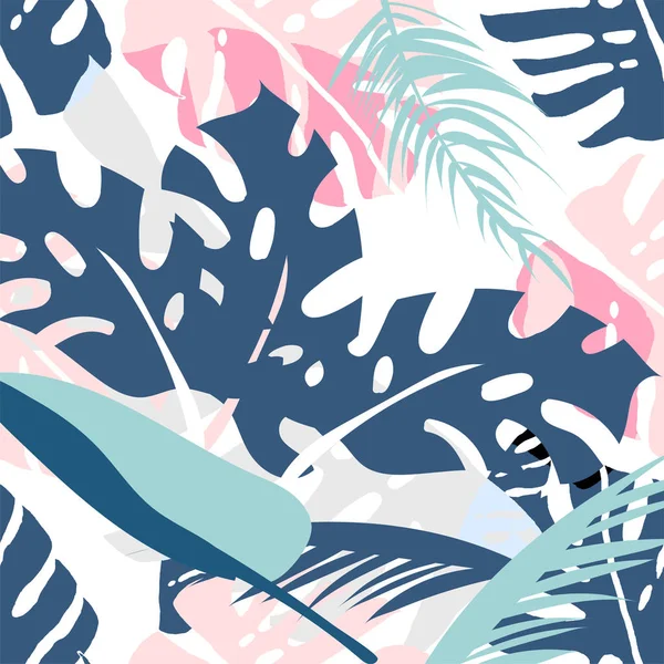 Tropikal çiçek palmiye desen. Soyut Pastel Monstera yazdırma bırakır. Kumaş, duvar kağıdı, ambalaj kağıdı, yüzey tasarımı, düğün davetiyesi için büyük arka plan. Vektör