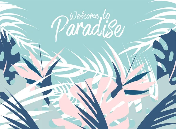Tropikal orman yaz Illustration farklı palmiye yaprakları ve kır çiçekleri. Yaz cennet. Pastel Reklam, broşür, afiş, davetiye, düğün, Doğum günü, parti, tabela, afiş, web için yazdırma