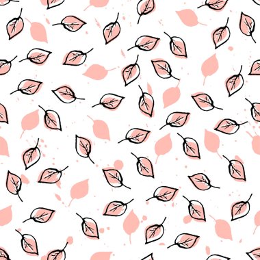 Yaprakları ve elma Seamless modeli. Pastel şeftali rengi ve siyah. Duvar kağıdı, tekstil, davetiye, düğün, sarma kağıtları, vb için elle çizilmiş zemin. Vektör