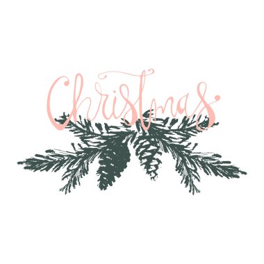 Neşeli Noel ağacı dalı Noel el çekilmiş ve üzerinde beyaz izole yazı. Kartpostallar, davetiye, tebrik kartları, afiş, poster, vb için şirin xmas tatil arka plan. Vektör içinde yapılan