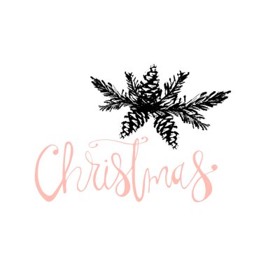 Neşeli Noel ağacı dalı Noel el çekilmiş ve üzerinde beyaz izole yazı. Kartpostallar, davetiye, tebrik kartları, afiş, poster, vb için şirin xmas tatil arka plan. Vektör içinde yapılan