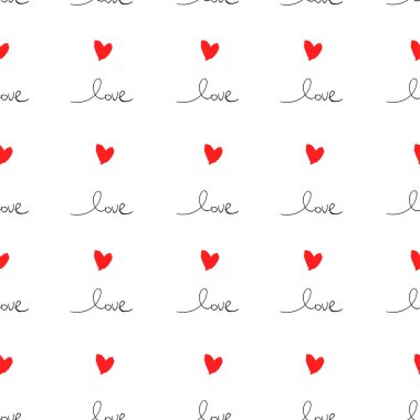 Romantik Seamless Modeli el ile kelime aşk ve mürekkep kalpler pembe üzerinde yazılı. Mutlu Sevgililer s gün kavramı vektör çizim modaya uygun bir tasarım. Ambalaj kağıt, davetiye, tebrik kartları için zemin