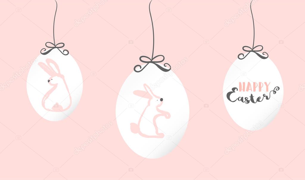 Happy easter trendy cute celebration greeting card in simple cartoon style. Rabbit and easter egg traditional symbol of Easter holiday