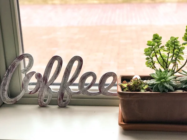 Coffee lettering wooden decoration element with cacti pot