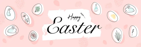 Fröhliches Ostergruß-Banner mit verschiedenen organischen Formen und Kritzeleien aus Blumen, Eiern und Hasen — Stockvektor