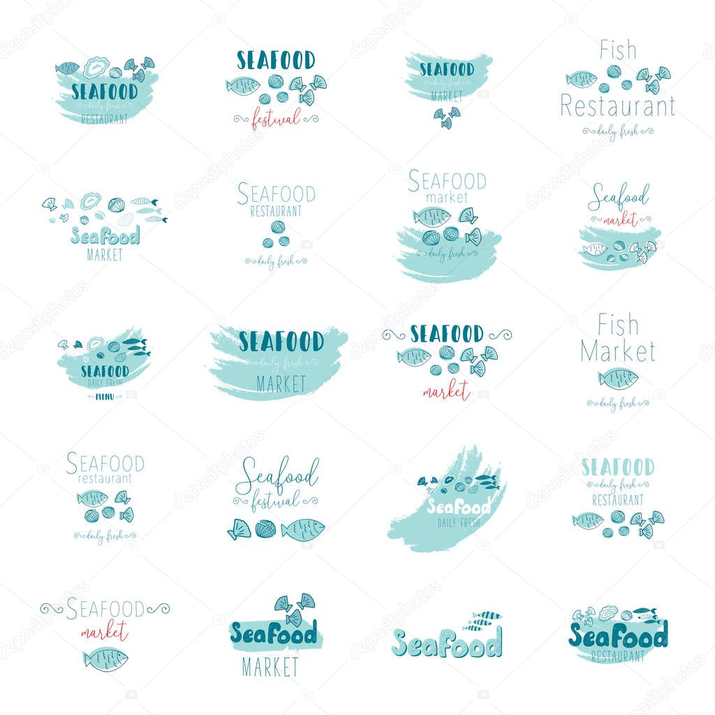 Big set of seafood clip art hand drawn doodle illustrations . Great for menu, signboards, logotype, restaurants, cafe, brochure, flyer, stickers, etc