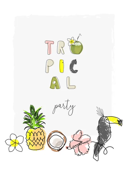Bonito Desenho Animado Tropical Doodle Mão Ilustração Desenhada Com Diferentes — Vetor de Stock