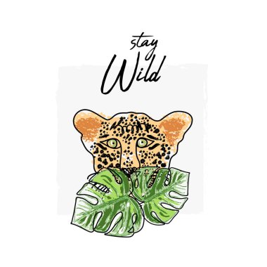 Yeşil orman yağmur ormanlarında saklanan vahşi tropikal el çizilmiş leopar karakteri karalama stili çizdi. vahşi yaşam arka planı