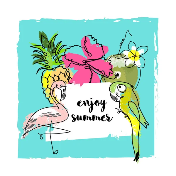 かわいい手描き落書き動物 エキゾチックな植物や花と熱帯シームレスなパターン 漫画の夏の背景 — ストックベクタ