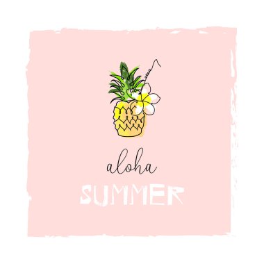 sevimli karikatür el çizilmiş doodle tarzı ananas tropikal egzotik meyve baskı