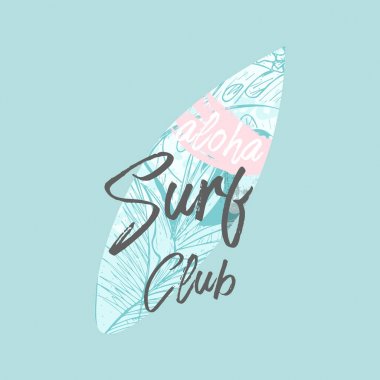 Kalp arka plan deniz manzarası şekli sörf tahtası ve kaligrafik metin ile Sevimli vektör Yaz illüstrasyon. Tropikal yaz etiketi veya işaret sınırı