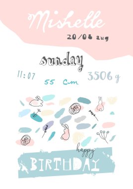 Fırça konfeti ile el çizilmiş soyut pastel bebek duş kartı