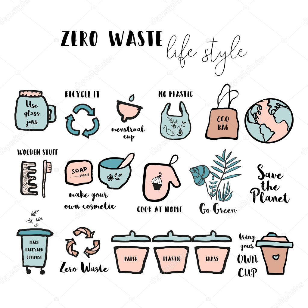 Hand drawn doodle elements of zero waste lifestyle. Eco style illustration set