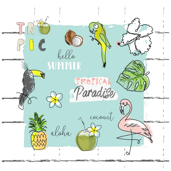 cute tropical set of different stickers with wild birds, exotic fruits, flowers and leaves. Summer cartoon doodle hand drawn vector elements